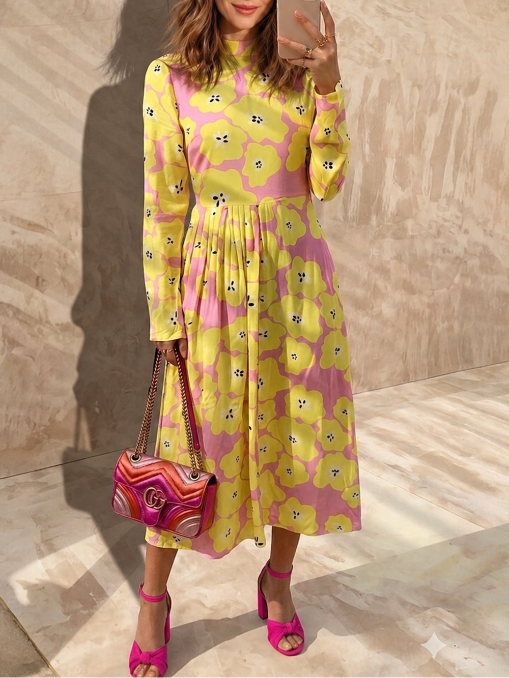 Never Fully Dressed Floral Prink & Yellow Fruit Motif Long Sleeve Midi Dress